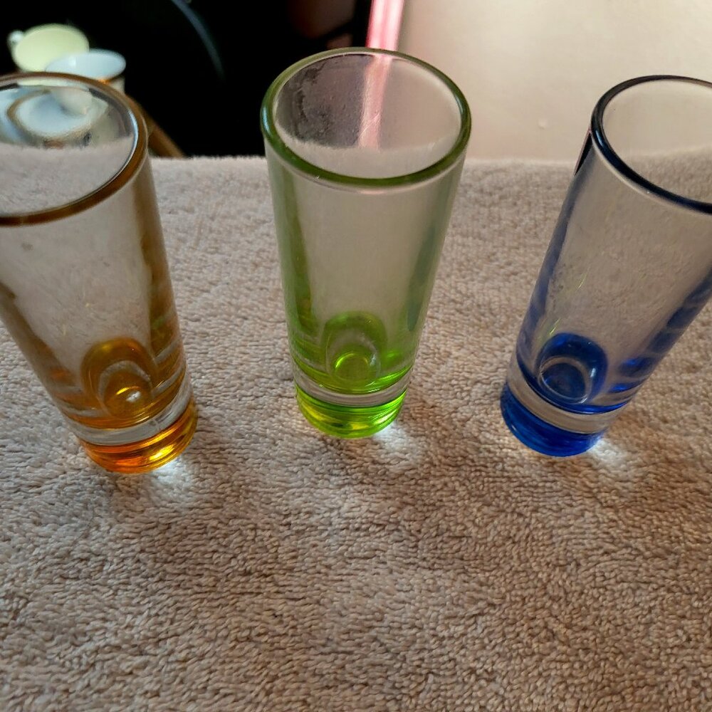 Vintage CRISA Set of 3 Tequila Tall Shot Glasses Multi-Colored Weighted Barware